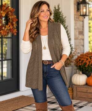 Womens 3X Taupe Cable Knit Open Front Sweater Vest Shawl Collar Boho Cozy